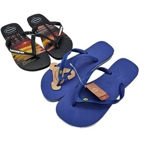 NWT Havaianas Men's Flip-Flop Bundle of 2 Sunset Hype Marine Blue Brazil Logo